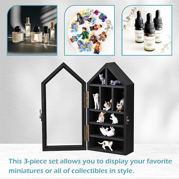 Ikee Design 3 Pcs Set Wall-Mounted House-Shaped Wooden Shadow Cubby Box Display Shelf with Door Storage Display Case for Collectibles, Trinkets, Mini Figures, Black Color, 21.1W x 3.1D x 14.8H in