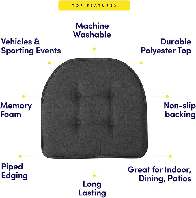 Sweet Home Collection Chair Cushion Memory Foam Pads Tufted Slip Non Skid Rubber Back U-Shaped 17" x 16" Seat Cover, 6 Pack, Charcoal Gray