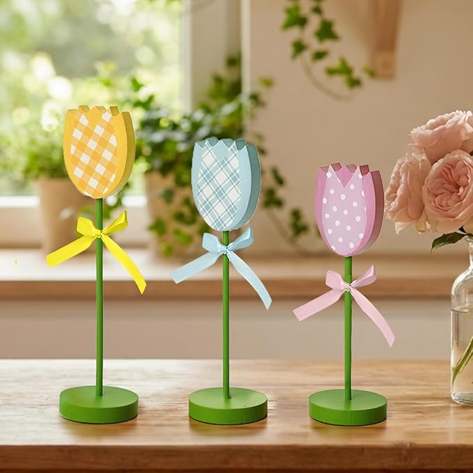 Smile 3Pcs Spring Tulip Wooden Signs - Rustic Farmhouse Floral Tabletop Insert Decor, Colorful Plaid Floral Block Tabletop Plaques for Home Decor