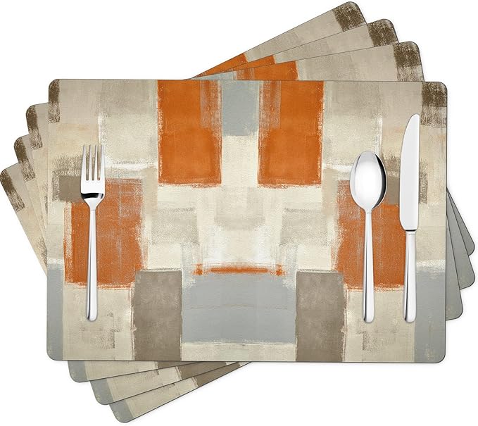 Modern Art Print Placemats Set of 4 - Orange and Grey Abstract Faux Leather Table Place mats Heat Resistant Waterproof Wipeable Non-Slip Washable Place Mat for Kitchen Dining Table Decor, 17" x 12"