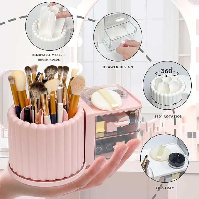 Makeup Organizer Countertop, 360 Rotating Makeup Brush Holder with 2 Drawer Organizer, Small Preppy Kids Desk Organizer, 9.25x5.11 Inch, White