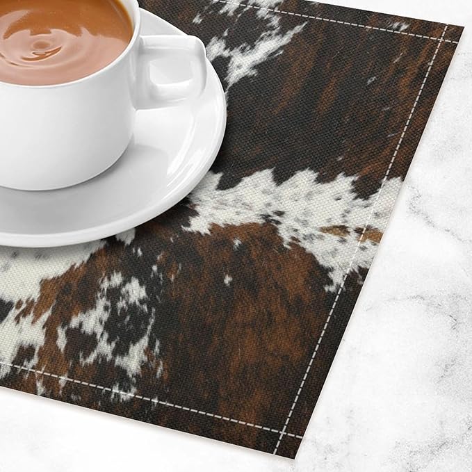 Cow Fur Placemats Farmhouse Western Farm Animal Skin Brow and White Cowhide Print Linen Washable Table Mats Stain Heat-Resistant Desktop Decor Place Mats for Home Kitchen Dining Party 12x18 in 6 Pcs