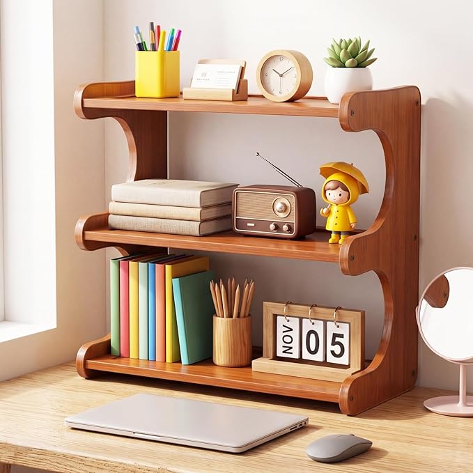 Chumia 3 Tier Bamboo Desk Shelf Bookshelf for Desktop Organization, Table Shelf Organizer Storage Rack for Home Kitchen Cabinet Living Room Office, Mug Cup Display Holder Countertop Supplies