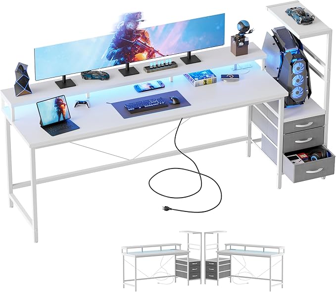 Mericonia 68 inch Gaming Desk with LED Lights & Power Outlets, Reversible Computer Desk with Storage Drawers & Monitor Stand, Large Gaming Table for Home Office