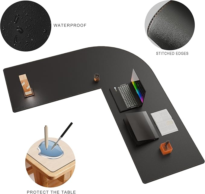 MAIDERN (59" + 67") x 23.6" Black Large L Shaped Desk Mat - Dual Sided Leather Gaming Corner Desk Pad for Office Computer