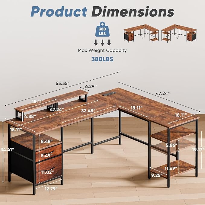 DUMOS L Shaped Gaming Desk with Charging Station & 2 Monitor Stands, Computer Desk with Drawer & Adjustable Storage Shelves, Large Corner Desk for Home Office, 62 Inch Rust Wood