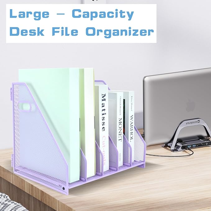 Desk Organizers Metal Magazine File Holder Racks Desktop Folder Storage Binder Organiser Document Organization for Home Office & Classroom,5 Vertical Compartments-Purple