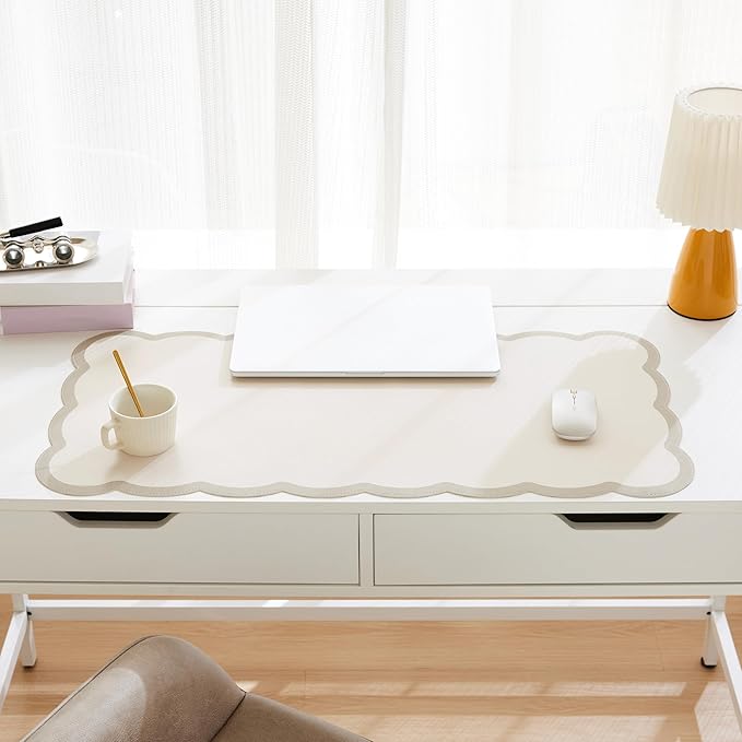 Scalloped Desk Mat, 31.5" x 15.7" Large Cute Aesthetic Desk Accessories, PU Leather Computer Laptop Desk Mouse Keyboard Pad, Desk Writing Mat for Vanity/Work/Home Decor (Beige, 31.5" x 15.7")