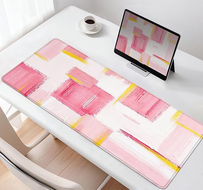Pink and Gold Large Mousepad for Laptop, Abstract Art Desk Mat, Modern Pink and White Desk Pads, Non-Slip Rubber Base Desktop Mat, Computer Mouse Pad, 31.5 x 11.8 inch