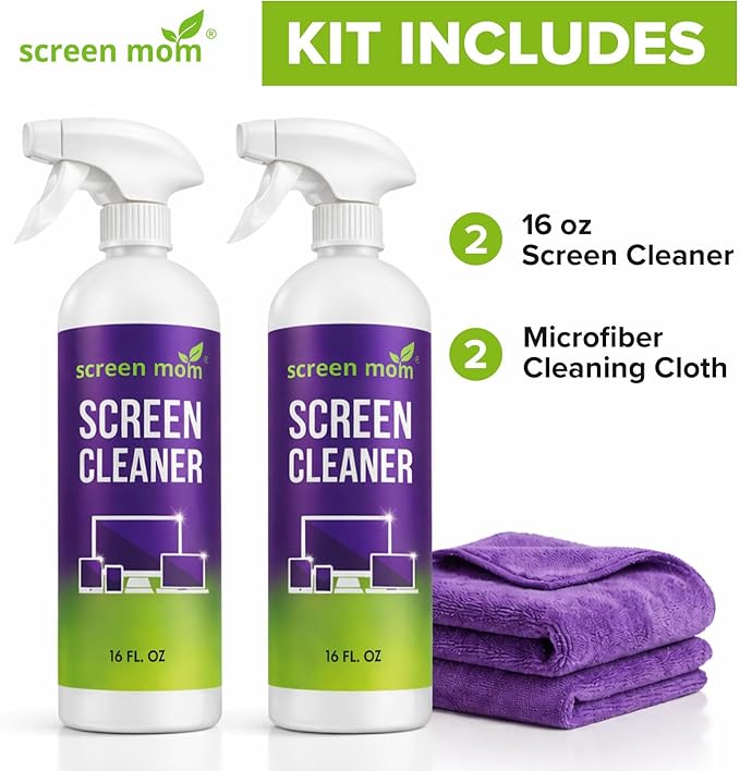 Screen Mom Screen Cleaner Spray and Microfiber Cloth 2-Pack (2x16oz) Screen Cleaner Spray and Wipe for TV, Computer, Phone, iPad, Car Screen Cleaning Kit Electronic Cleaner Spray