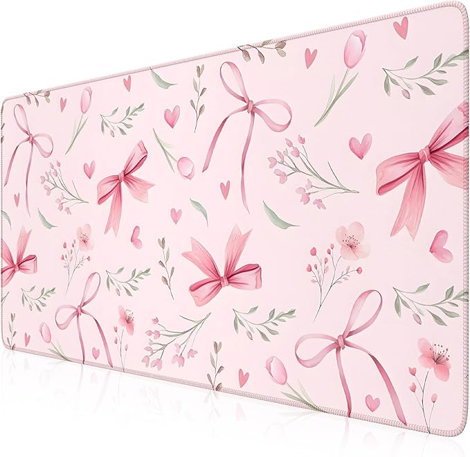 iCasso Pink Desk Mat,Cute Desk Pad for Women,Girly Bow Mousepad with Stitched Edges,Non-Slip Large Computer Mat for Study Gaming Home Office
