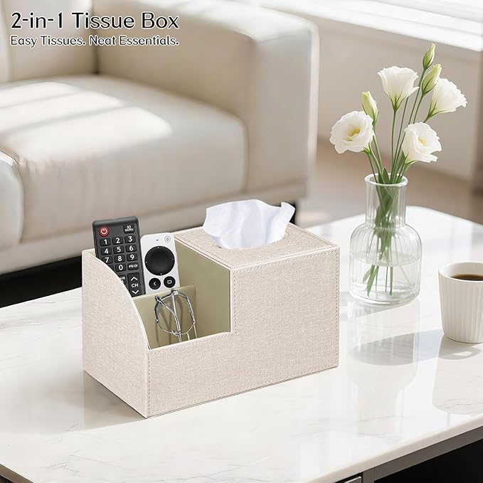 Square Tissue Box Cover with Storage, PU Leather Cube Tissue Box Holder, Remote Control Nightstand Organizer, Modern Desk Caddy for End Table, Bathroom, Bedroom, Home, Office Decor