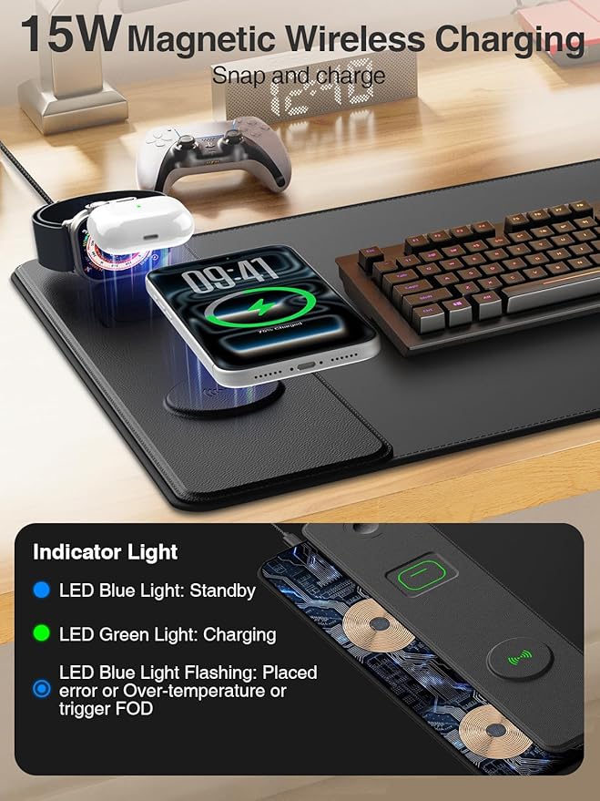 4-in-1 Mouse Pad with Wireless Charging for Phone/AirPods/Apple Watch, 31.5"x15.8" Large, Waterproof Smooth Surface, Non-Slip Base, with Adapter