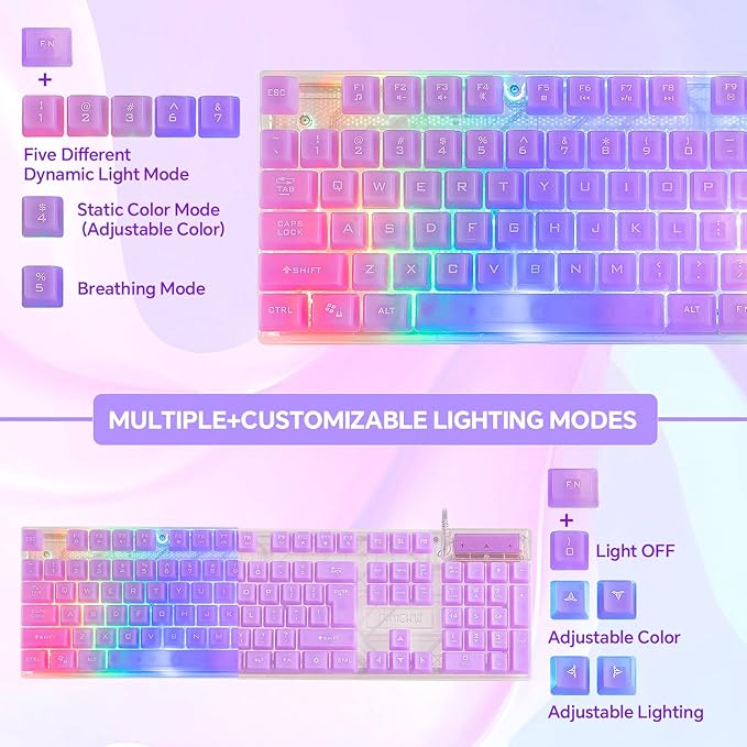 CHONCHOW RGB Gaming Keyboard and Mouse Combo,USB Wired Custom Clear Keyboards, Rainbow LED Backlight Transparent Keyboard Mouse Set for Computer Windows PC PS4 Xbox Laptop
