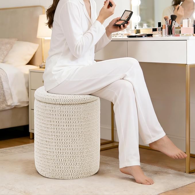 Wimarsbon Pouf Ottoman, 100% Cotton Knitted Boho Footstool, Round Footrest with Non-Skid Wood Legs, Home Décor Handmade Pouffe, Leisure Floor Step Stool for Living Room (14inch White Storage Ottoman)