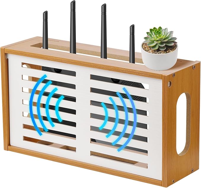 Router Shelf Wall Mount, WiFi Router Box Hider & Modem Storage Box with Cable Holes | Cable Management Organizer for Router, Modem, Power Strip | Light Brown, 13.9"x4.33"x7.68"