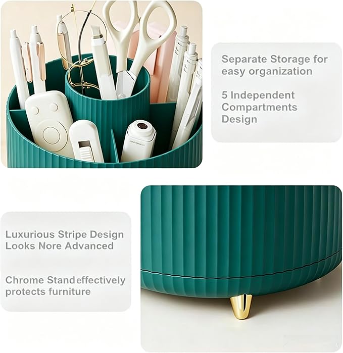 Pencil Pen Holder 5 Slots 360°Degree Rotating Pen Organizers for Desk Desktop Storage Stationery Supplies Cute Pencil Cup Pot Kids Desk Organizer for Office Home School（Green）