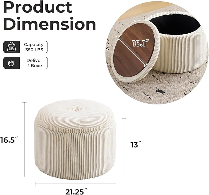 Modern Round Storage Ottoman with Reversible Tray Lid,Chenille Ottoman Foot Stools, Ottoman Footstool with Hidden Storage, Storage Ottoman, Multi-Functional Footrest, Corduroy Beige