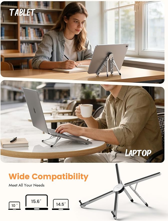 Lamicall Adjustable Laptop Stand for Desk - [0.25lb Ultralight] Foldable & Portable Laptop Riser, Aluminum Computer Stand for Travel Library Cafe fit MacBook Neo Air Pro HP Dell Lenovo Tablet - Silver
