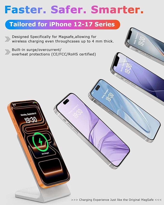 Magnetic Phone Charger Stand, Hands-Free Phone Holder, for iPhone 17-12 Samsung S26/S25 Google Pixel 10, Ideal for Office Desktop Nightstand, Qi-Certified, No Adapter (2 Pack Lunar White)