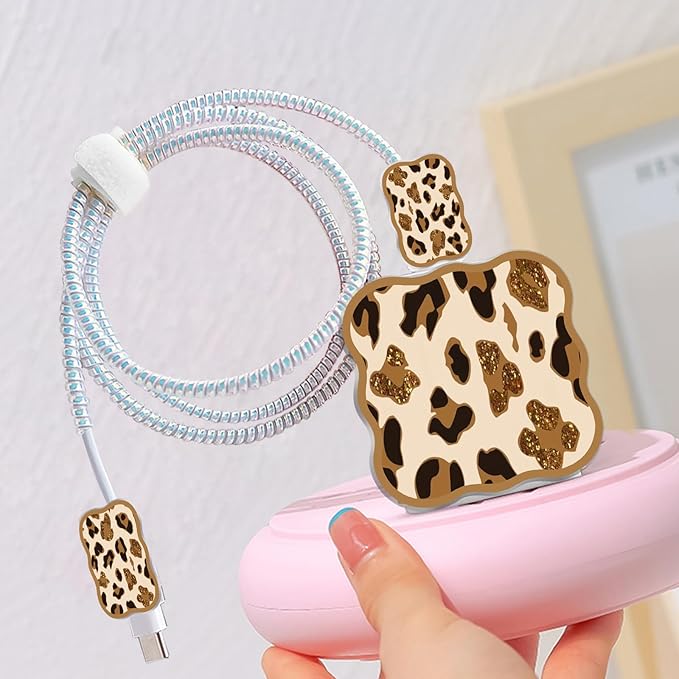 CameCosy DIY Phone Charger Cover Storage Sets USB Earphone Wire Saver Cable Organizer with Travel Storage Bag, Soft Cute Cable Protector Cord Organizer Compatible for iPhone(Leopard)