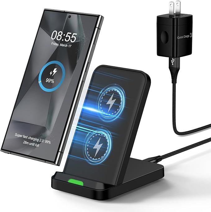 Wireless Charger Stand for Moto G Stylus 5G 2025/2024,Moto Edge/Razr 2025,Moto G Power 5G 2025/2024,15W Fast Charging Station with QC Adapter for Samsung Galaxy S25 S24FE,iPhone 17 16 15,Pixel 10 Pro