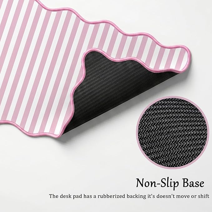 Scalloped Desk Mat Extended Large Cute Striped Mouse Pad Big Desk Pad XXL Aesthetic Stripe Mousepad Gaming Mouse Pad for Keyboard Computer Laptop Home Office Accessories 31.5X15.7Inches Pink White