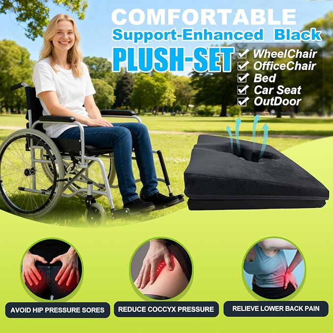 Gel Wheelchair Seat Cushion,Bed Sore Cushions for Butt,hemorrhoid Pillow,Sciatica,Coccyx,Pressure Sore&Ulcer Pain Relief Butt Pillow for Office Chair(Black-Set)