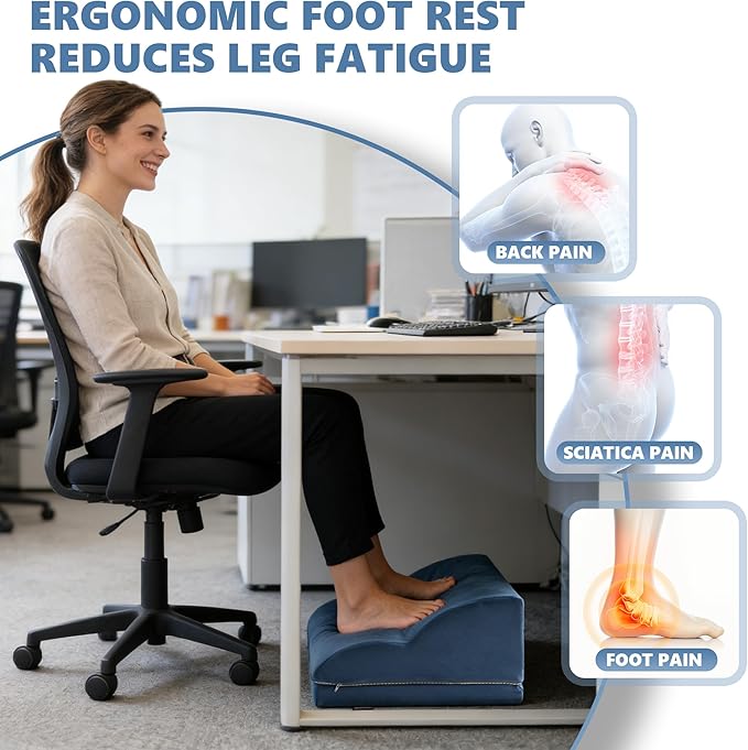 Foot Rest Under Desk for Office, Ergonomic Adjustable Footrest with Washable Cover, Soft Desk Foot Stool for Home Office, Work, Gaming, Long Sitting, Blue