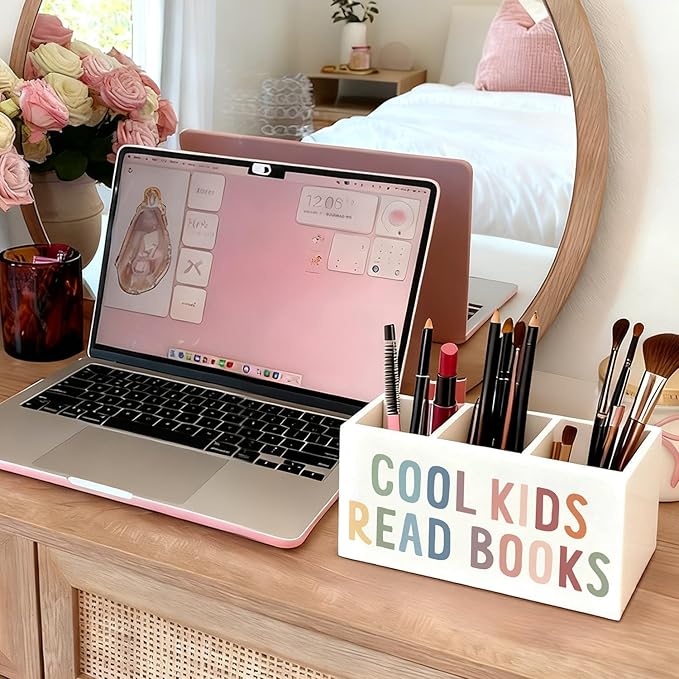 Book Lovers Gifts Pen Holder, Book Reader Gifts Pencil Holder for Desk, Boho Cool Kids Read Books Wooden Box Sign Decorations for Reading Room Corner Nook Classroom Desk Tabletop