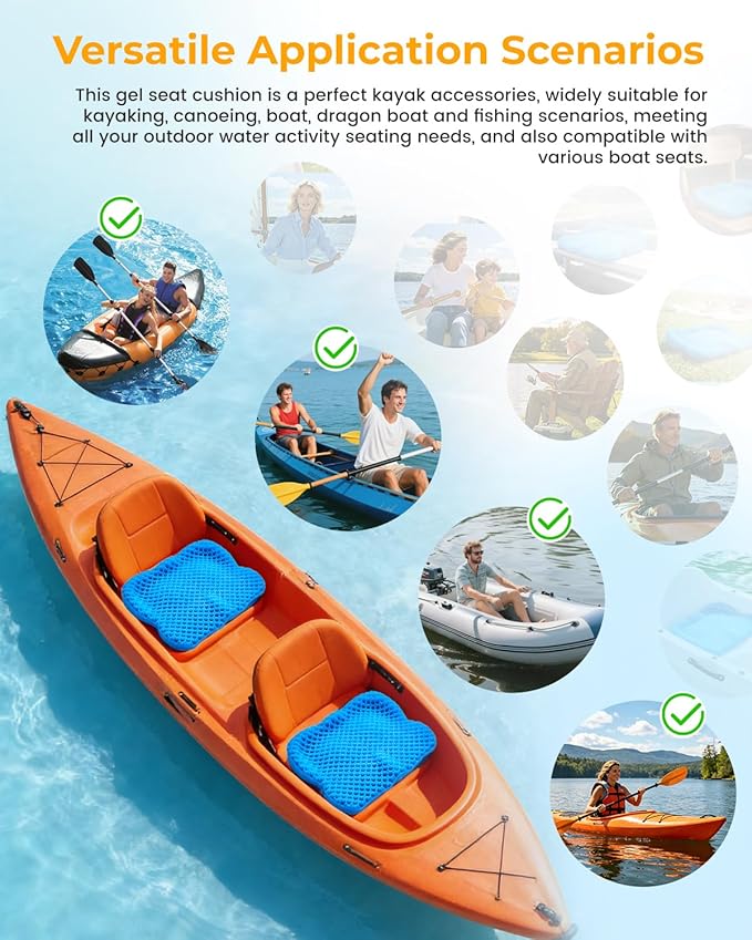 Premium Gel Kayak Seat Cushion, Thickened Non-Slip Waterproof Seat Pad, Breathable Universal Fit for Canoe Fishing Boat, Portable Washable Kayak Accessories, with Safety Travel Flag - Blue