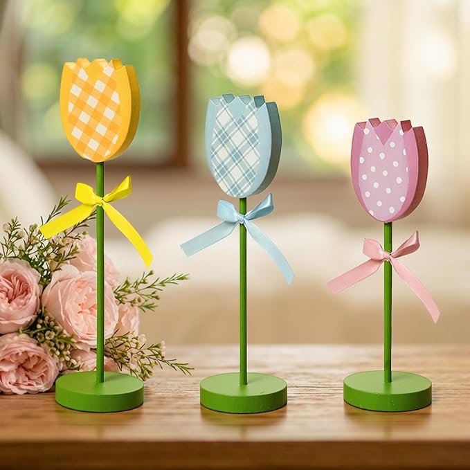 Smile 3Pcs Spring Tulip Wooden Signs - Rustic Farmhouse Floral Tabletop Insert Decor, Colorful Plaid Floral Block Tabletop Plaques for Home Decor