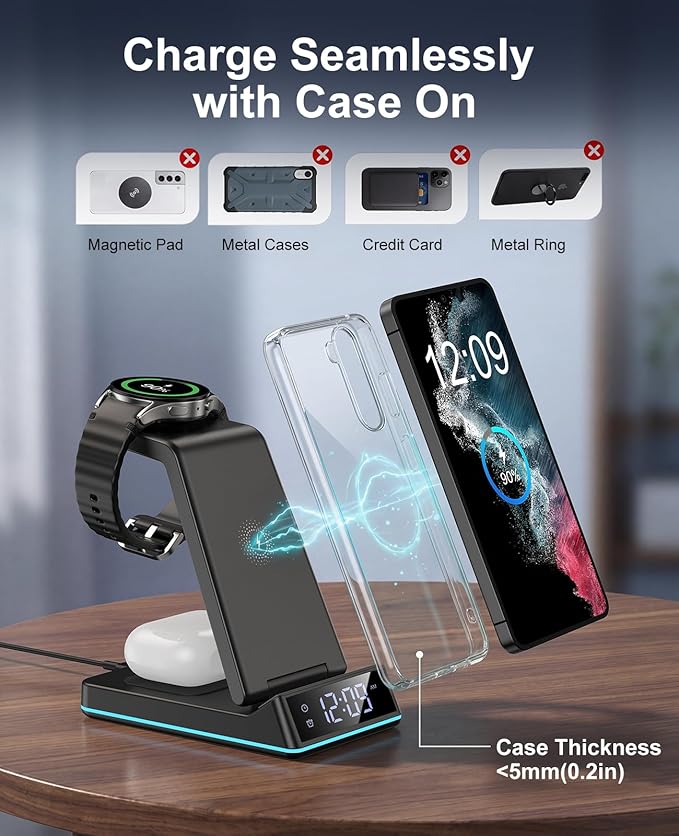 Wireless Charger for Samsung,7 in 1 Wireless Charging Station Foldable Fast Charger Stand with Night Light/Alarm Clock for Samsung Galaxy S26/S25/S24/S23/S22/S21/Galaxy Watch Ultra/8/7/6 Galaxy Buds