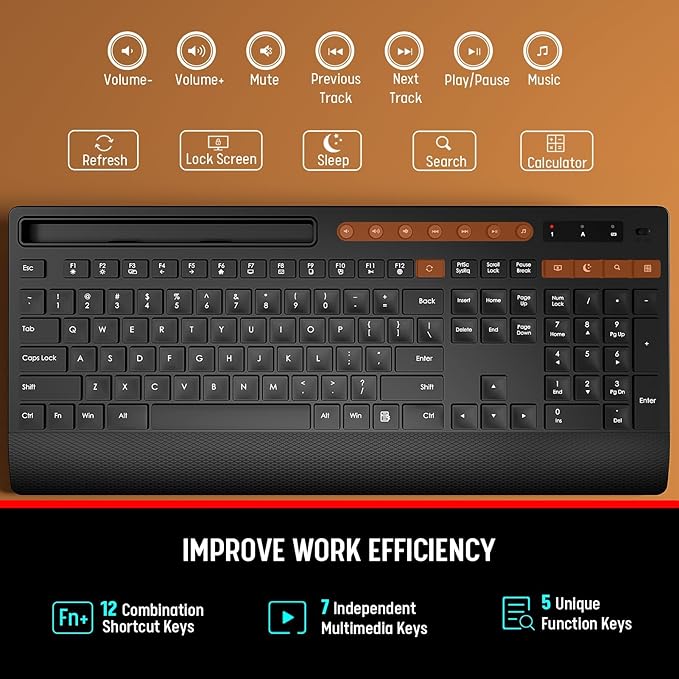 Trueque KM31 Wireless Keyboard and Mouse Combo - Full-Size Quiet Typing with Palm Rest, Phone Holder, Multimedia Keys, Power Switch, Batteries Included, Compatible with Windows, Chrome OS, PC, Laptop