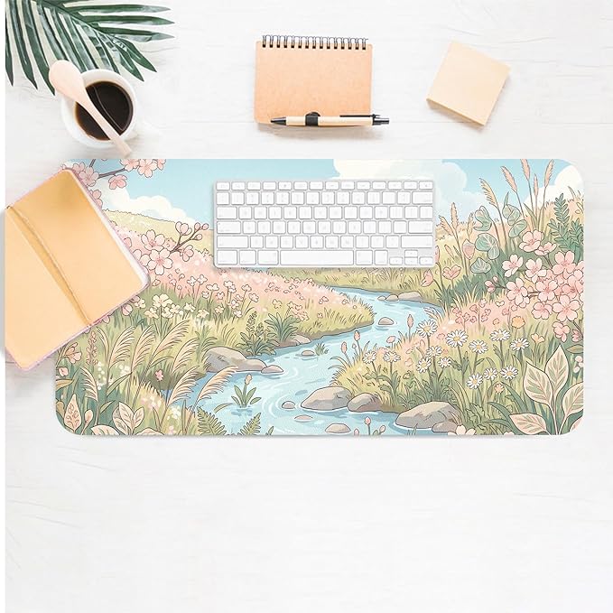 Cute Desk Mat, Anime Floral River Large Mouse Pad for Desktop, PU Leather Waterproof Desk Pad, Anti-Slip Computer PC Laptop Protector Gaming Mouse Pads for Office Home Decorations (23.6" x 11.8")