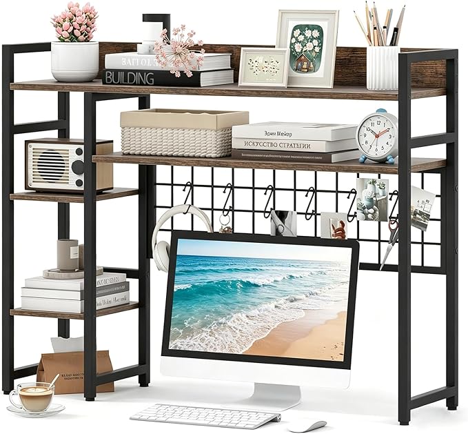 COSTWAY Desktop Bookshelf for Monitors up to 32", 37" x 10" Countertop Organizer with 4 Open Shelves, Grid Panel with 6 Hooks, Anti-Tip Safety Kit, and Adjustable Feet for Home Office (Brown)