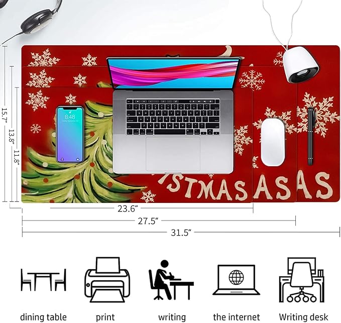 Christmas Mouse Pad PU Leather Merry Christmas Desk Mat Large Waterproof Gaming Pad Snow Non-Slip Keyboard Mouse Pad Writing Pad for Gamer Office&Home
