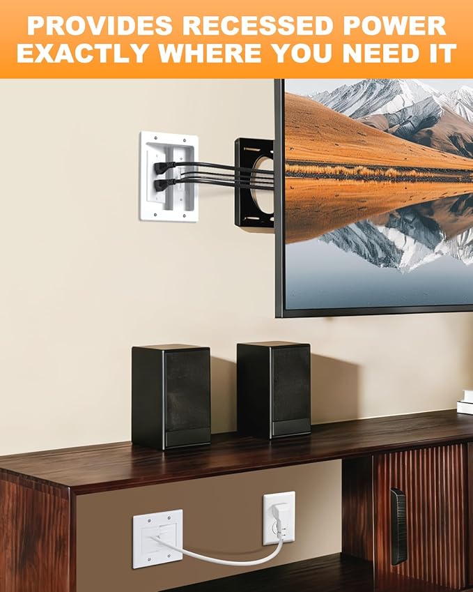 in Wall Cable Management Kit with Recessed Outlet Box, Two-Hole Socket, 10ft Power Cord, Hide TV Cords for Wall Mount TV and Home Theater, Fits All Standard Plugs, Easy, Safe Cable Management