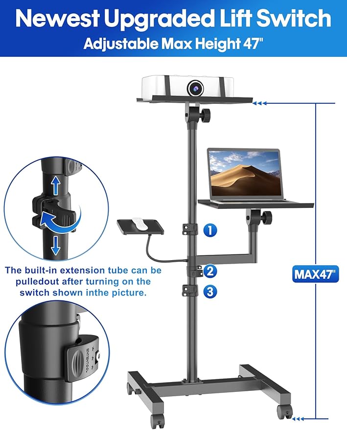 Projector and Laptop Stand Tripod, 2 Shelves Mobile Laptop Tripod Stand, Max 47" Height Adjustable Laptop Cart on Wheels, Projector Floor Stand with Ventilated Tray for Podium, Meeting, Couch