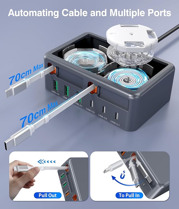 Upgraded 8-in-1 Retractable USB C Charger Block, 120W GaN Multi Charging Station Hub with Lightening & Type C Cable, Travel Essential USB C Power Strip Plug for iPhone 17 16 15 14 Pro Max iPad Galaxy