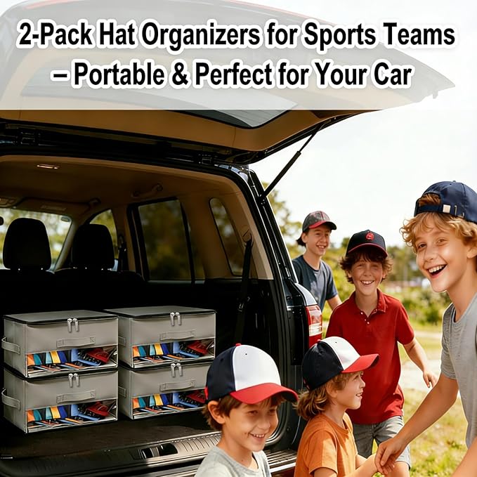 2 PCS Stackable Hat Storage for Baseball Caps, Space Saving Hat Organizer Box for Closet, with All Around Cardboard Support, Zipper Lid, Clear Window and 3 Handle, Each Holds 12 Hats