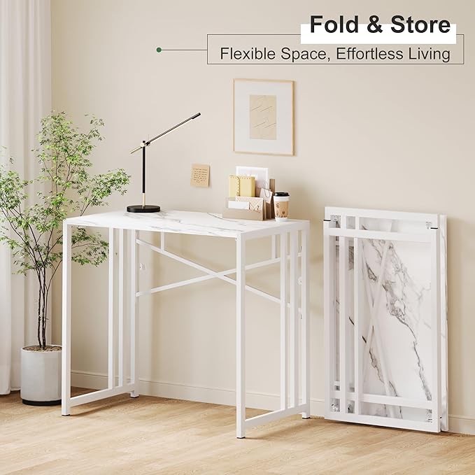 Lutown-Teen 35 inch Folding Small Desk, Writing Gaming Computer Camping Desk for Small Spaces, No Assembly Required Home Office Table, White Marble