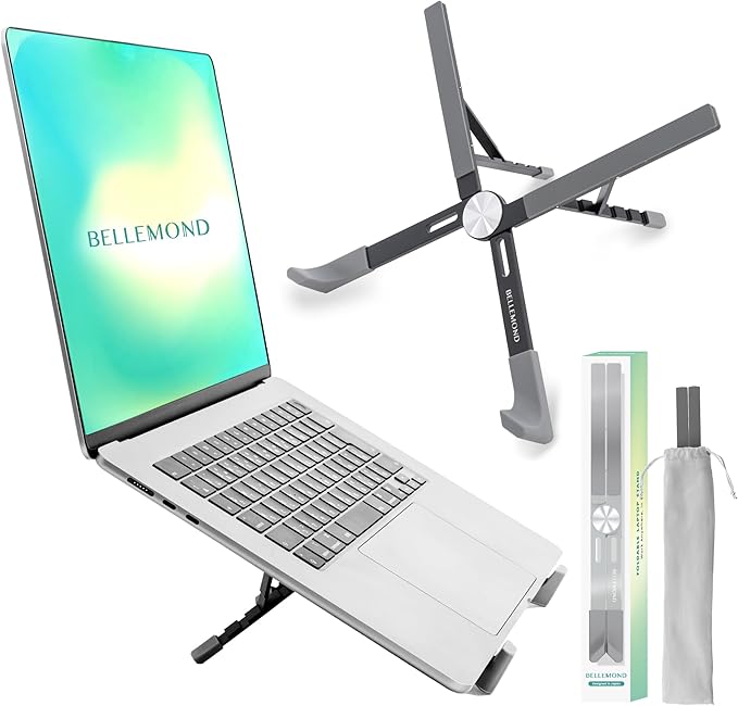 BELLEMOND Foldable Portable Laptop Stand | Ultralight Travel Riser | X-Frame Adjustable Aluminum | Fits MacBook, Dell, HP, Lenovo 10-17.3" | Carry Pouch | Midnight Black