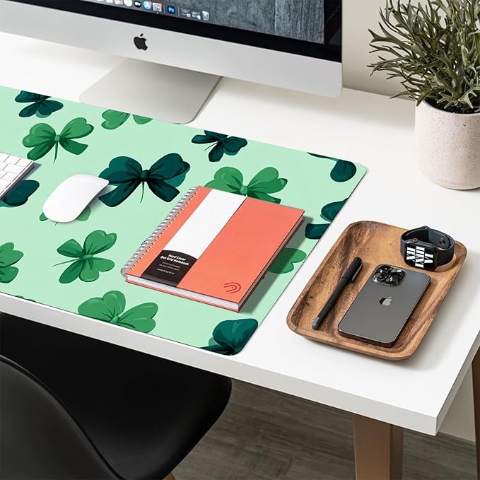 Green Bow Mouse Pad PU Leather Clover Desk Mat Large Waterproof Gaming Pad Non-Slip Keyboard Mouse Pad Writing Pad for Gamer Office&Home