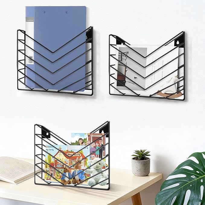 Wall Mounted Magazine Rack, Metal Black Wall Mounted Magazine Holder, Hanging Wall File Organizer for Both Desktop and Wall Hanging(3P Black)