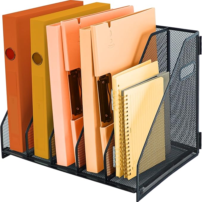 Magazine file holder for desk with 5 Vertical Compartments Folder Storage Binder Organizer for Office Home School Organization, Black