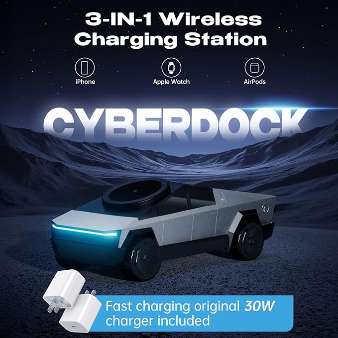 CyberDock 3-in-1 Wireless Charging Station, Cybertruck 1:25 Scale Charger with Qi2 Certified 15W Charging for iPhone iWatch AirPods, Magnetic Rotating Charger with Ambient Light, 30W Adapter, Sliver