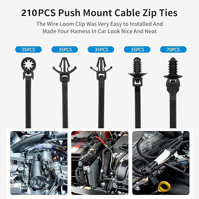Armpow 210 PCS Automotive Installation Black Push Mount Cable Zip Ties Assorted Sizes, Heavy Duty Self-Locking UV Resistant Wire Ties - For Indoor Wire Bundling, Construction, Automotive