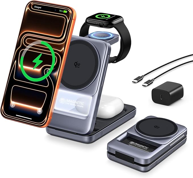 Qi2.2 25W 3-in-1 Foldable Magnetic Wireless Charging Station with 2-Level Night Light, Phone Charger Stand Compatible with iPhone 17/16/15/14/13/12, Apple Watch & AirPods, 45W Adapter Included