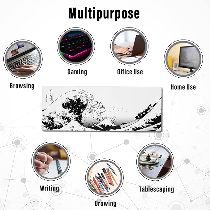 Ovenbird Gaming Mouse Pad with Stitched Edges, Japanese Wave Extended XL Mousepad with Anti-Slip Base, Cool Large Mouse Pad for Desk, 31.5 x 11.8 in, Black and White
